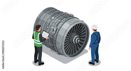 Isometric illustration of two aviation engineers inspecting a large aircraft jet engine on a white background.