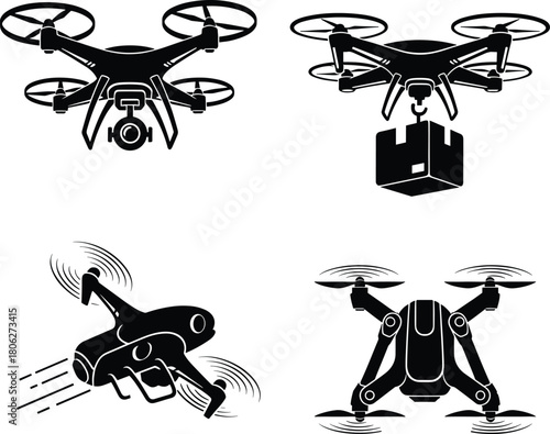 Drone silhouettes with camera delivery drone and fast flying quadcopter set