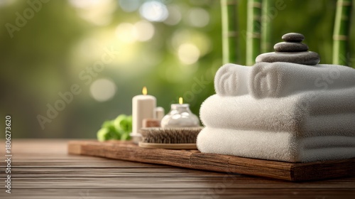 Spa towels on wooden tray