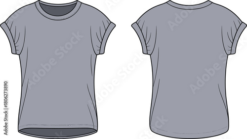 Women’s rolled sleeve T-shirt front and back view, cad drawing flat vector illustration fashion template for apparel designers and clothing design