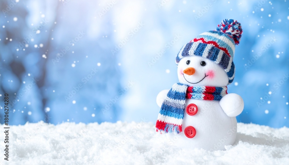 Fototapeta premium A charming snowman is standing on the snow. The snowman is wearing a hat and scarf with a smile and has a carrot nose.