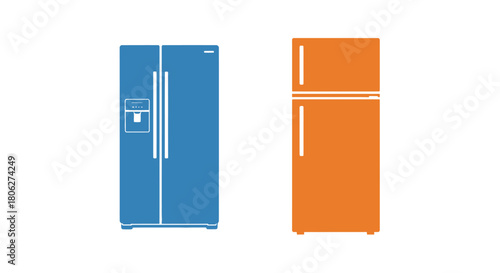 Side by side and top freezer refrigerators shown in blue and orange