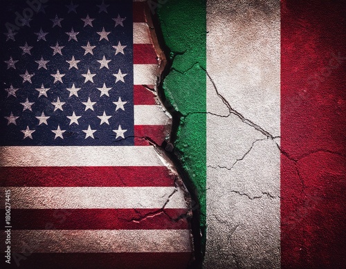 cracked floor with usa and italy flag on each side