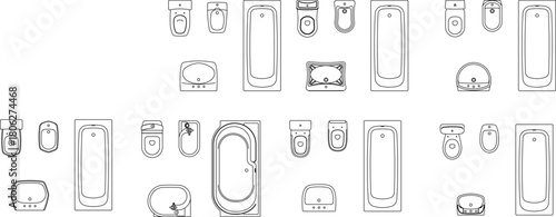 Drawing21.epsDiverse collection of bathroom fixtures in plan view, featuring multiple toilets, bidets, sinks, and bathtubs, for comprehensive architectural layouts.