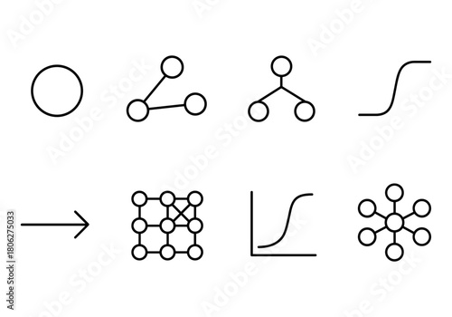 Minimalist line art icons of scientific and mathematical concepts