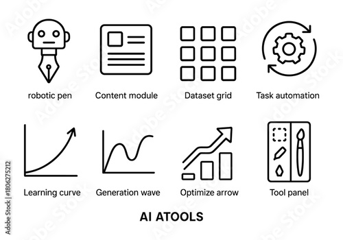 Ai tools line art icons: automation with robotic pen, data grid, and optimization