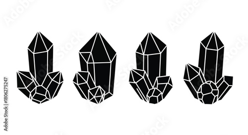Four geometric black crystals presented in a minimalist line art style