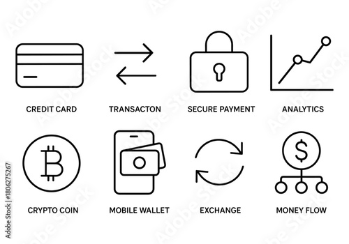 Financial and cryptocurrency linear icons for digital transactions and secure payments