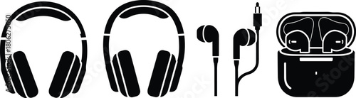 Headphones and Earbuds Audio Device Silhouette Vector Set