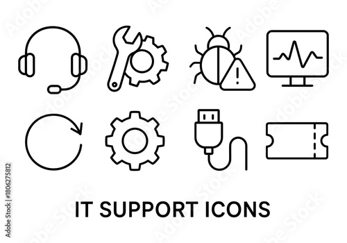 Minimalist it support icon set featuring headset, gear, and bug symbols