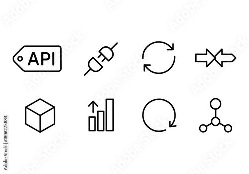 Minimalist linear icon set featuring api, plug, sync, and analytics symbols