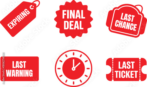 Expiring deal, final chance, last warning, countdown timer, last ticket icons. Limited time offers. Vector illustration