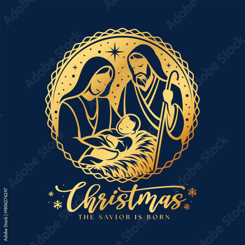 Christmas, the savior is born - Gold circle The Nativity with mary and joseph in a manger with baby Jesus on blue background vector design