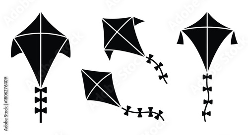 Simple black and white illustrations of various kite designs in flight