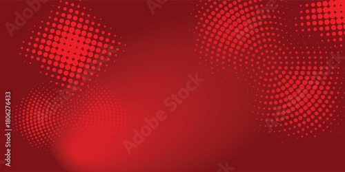 Abstract red background with modern halftone dot patterns creating a textured and dynamic design with a smooth gradient.