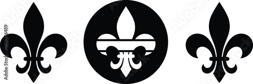Black Silhouette Fleur-de-lis Symbol Vector Set Representing Royalty, Heraldry, French Culture, and Scouting Icon.