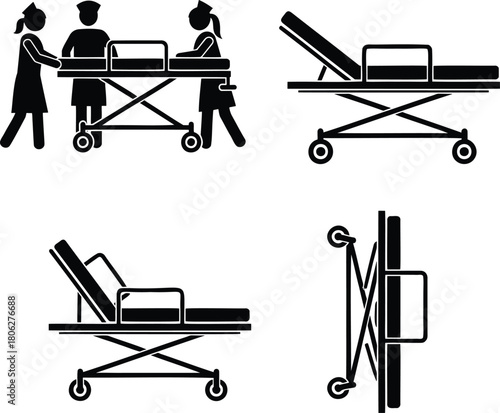 Medical Stretcher and Hospital Staff Silhouette Vector Set