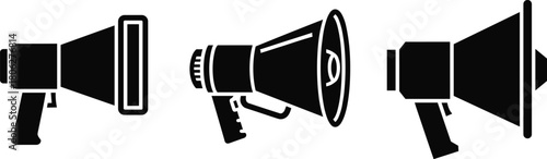Black Silhouette Megaphone and Loudspeaker Icons Set for Announcement, Marketing, Communication, and Protest Vector.
