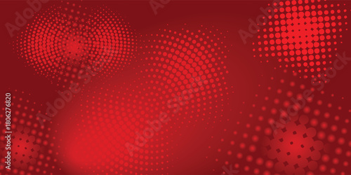 Abstract red background with various halftone dot patterns and a soft gradient.