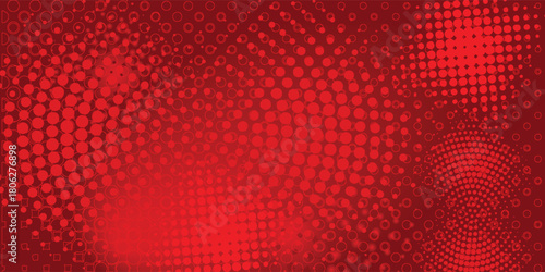 Abstract red background with various halftone dot patterns creating a textured and modern design.