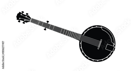 A simple black and white illustration of a five string banjo instrument