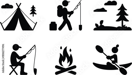 Camping, hiking, fishing, kayak, bonfire, tent, outdoor adventure icons. Nature activity vector illustration