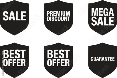 Sale, discount, premium, best offer, guarantee badges. Vector offer tags and seals