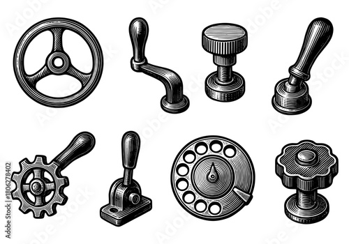 Vintage engraved industrial controls set: wheels, levers, switches, and gear handles