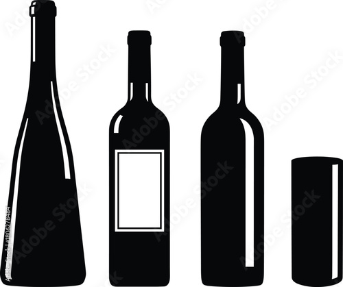 Black Silhouette Wine Bottle Vector Set Showing Various Shapes, Label Area, and Cork for Bar and Beverage Design.