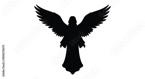 A striking black silhouette of an angel with outstretched wings