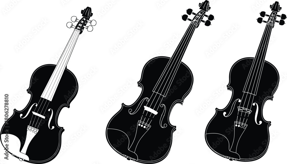 Fototapeta premium Black Silhouette Violin Instrument Vector Illustration Set for Classical Music, Orchestra, and Art Design.