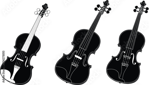 Black Silhouette Violin Instrument Vector Illustration Set for Classical Music, Orchestra, and Art Design.