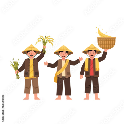 Three farmers in conical hats hold rice stalks and a basket of harvested grain.