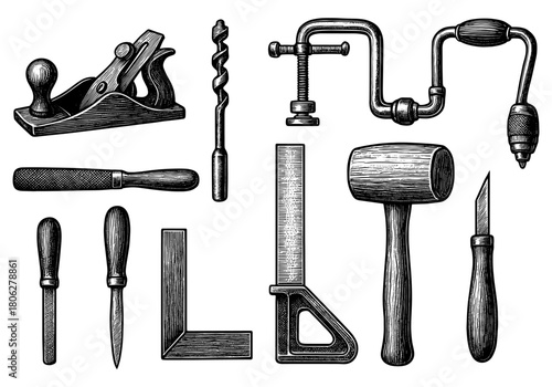 Engraved hand tools collection: vintage woodworking tools in black and white