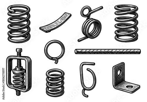 Hand drawn mechanical spring set with various types and forms