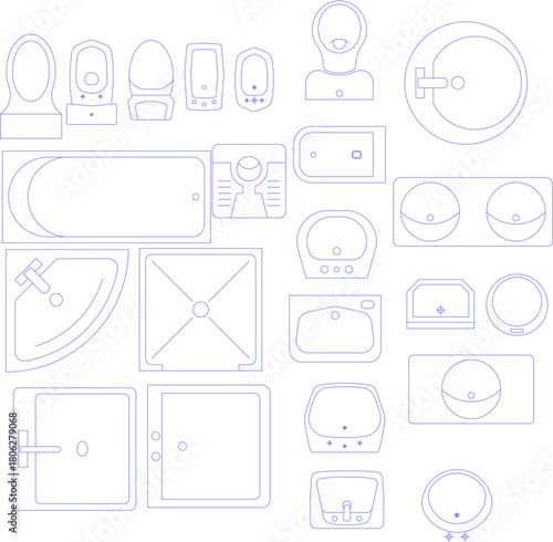 Vector line drawings of bathroom fixtures in plan view, including toilets, bathtubs, sinks, and showers, essential for architectural layouts.
