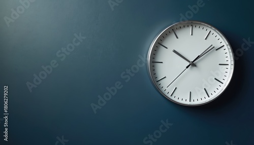 Wallpaper Mural White analog clock hangs on dark blue wall. Time flies fast, deadline approaches. Need to manage daily tasks. Plan work schedule to meet goals on time. Torontodigital.ca
