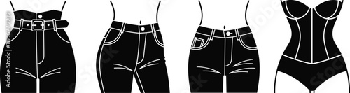 Black Silhouette Women's Waist and Leg Wear Vector Set Featuring Jeans, High-Waisted Shorts, and Corset Lingerie Fashion.