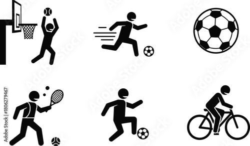 Black Silhouette Sports Icons Set: Basketball, Soccer, Tennis, and Cycling Pictograms for Fitness and Game Design Vector.