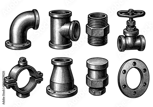Detailed industrial pipe fittings set with vintage engraving style