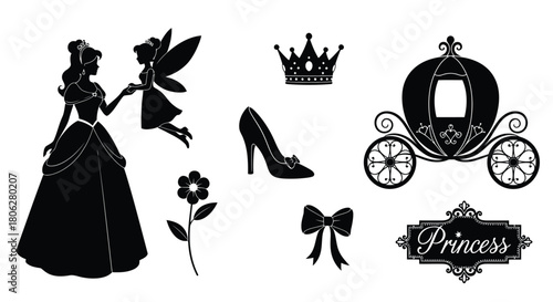 A collection of fairytale elements including a princess fairy and carriage
