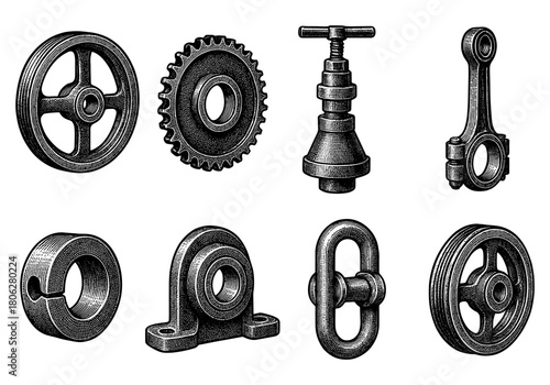 Vintage engraving style mechanics collection featuring gears, pulleys, and mechanical parts