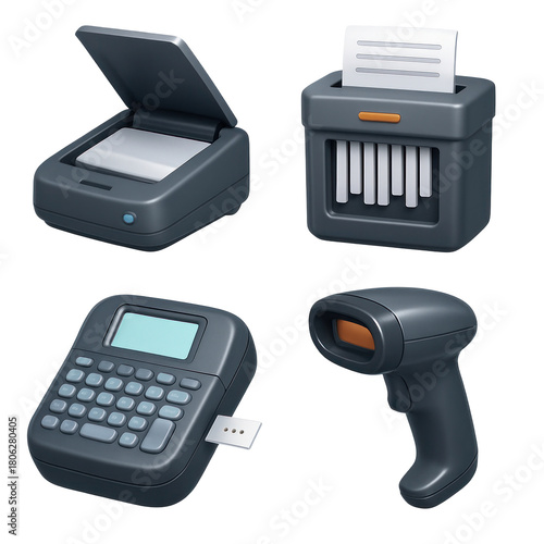3D Plastic Icon Style Office Equipment Set on Transparent Background Scanner Shredder Calculator and Barcode Reader Illustration