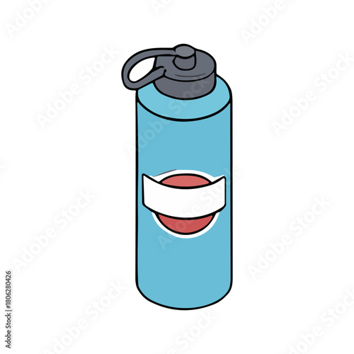 A light blue water bottle with a red and white circular label and a black cap with a carrying loop.