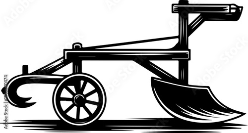 Vintage Agricultural Plow Woodcut silhouette vector illustration