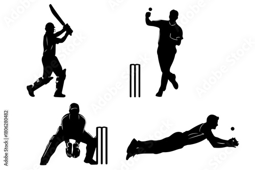 Black silhouette of four cricket players in action including a batsman bowler wicketkeeper and fielder on a white background