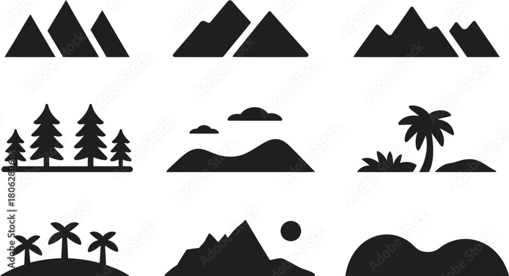 Naklejka premium Mountain, landscape, tree, hill, nature scenery icons. Vector illustration