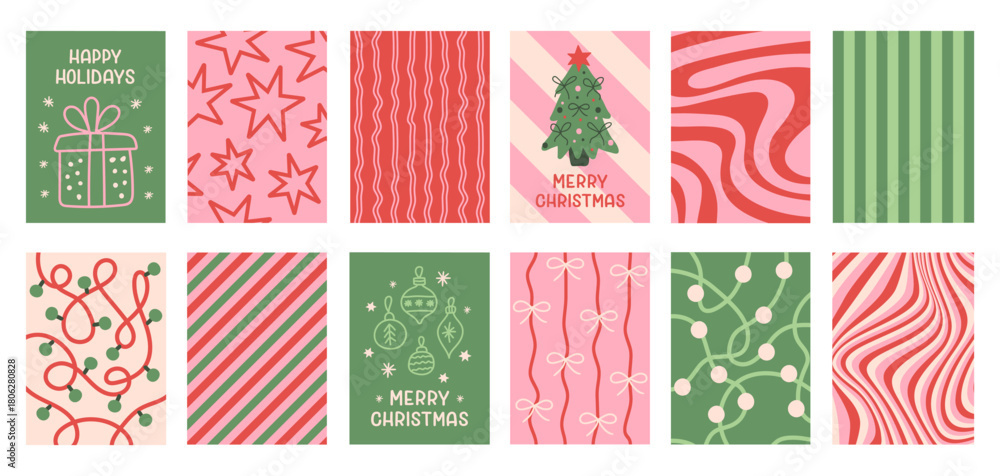 Fototapeta premium Christmas set of colorful festive backgrounds. Season collection simple vertical cards, banners, prints or posters. Green, red, pink colors. Vector illustration