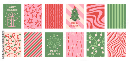 Christmas set of colorful festive backgrounds. Season collection simple vertical cards, banners, prints or posters. Green, red, pink colors. Vector illustration