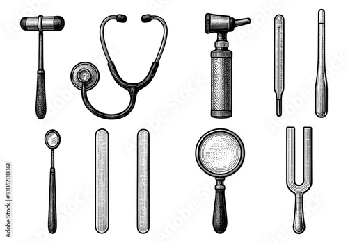 Vintage medical tools collection featuring stethoscope, thermometer, and tuning fork
